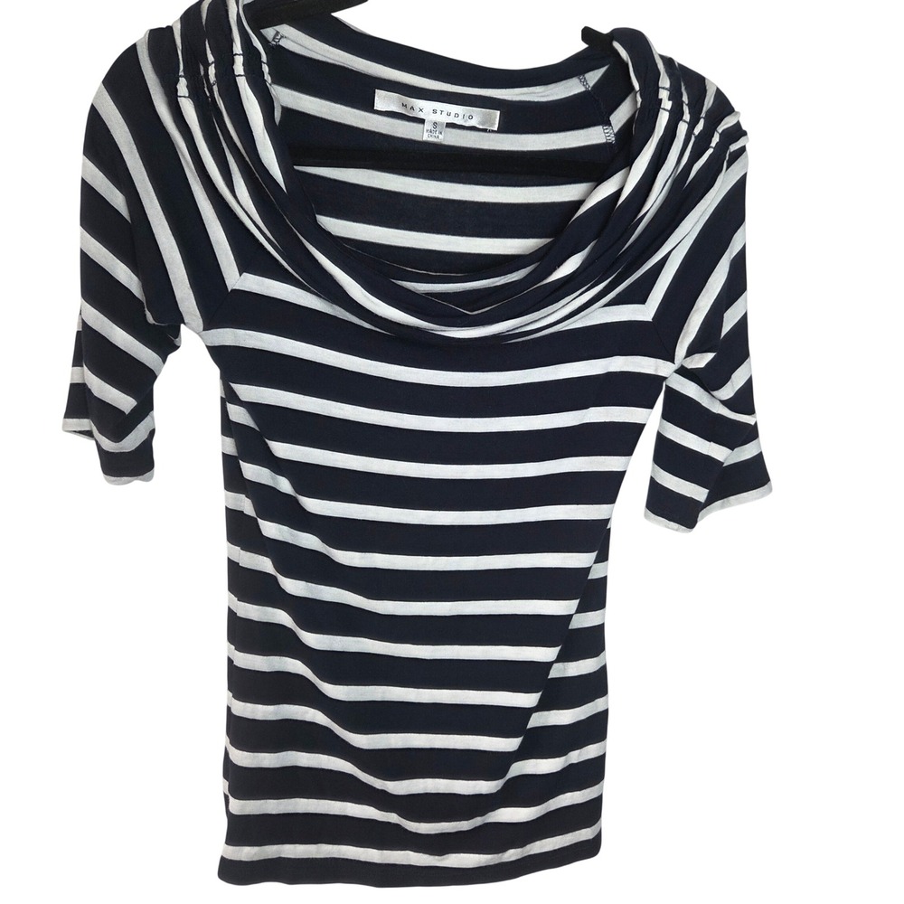 Max Studio Cowl Neck Top Striped Short Sleeve Stretch Knit Casual Work Small